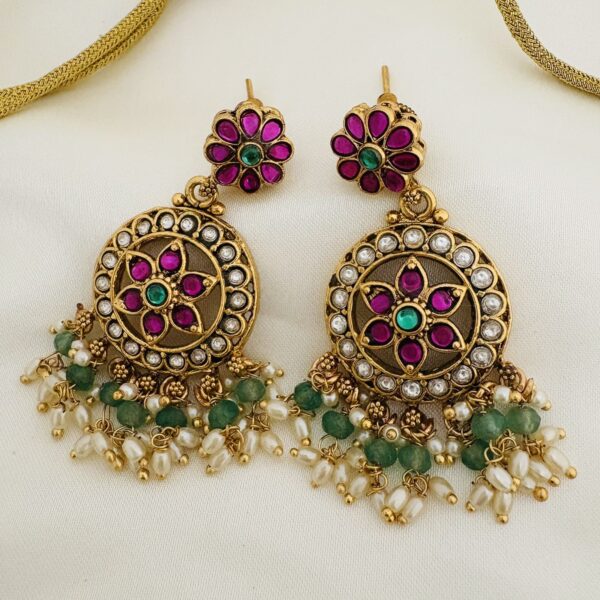 Floral Antique Jalebi Necklace with Green Drops & Earrings - Image 2