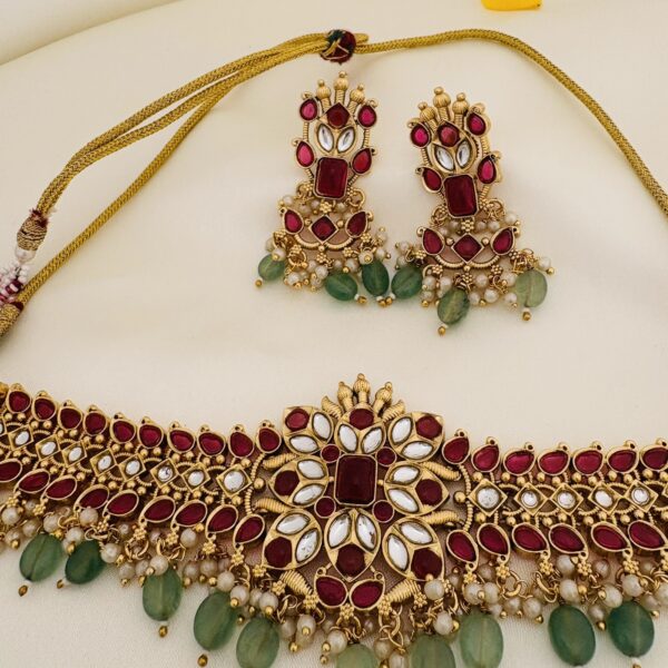 Kundan Choker Set with Mint Green Beads - White / Kempu stones - Image 2