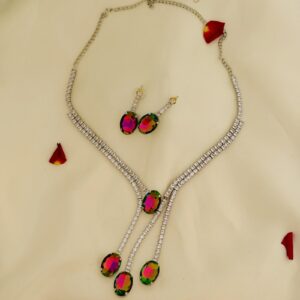 AD Prism Stone Drop Necklace Set – Silver Polish (3 Colors)