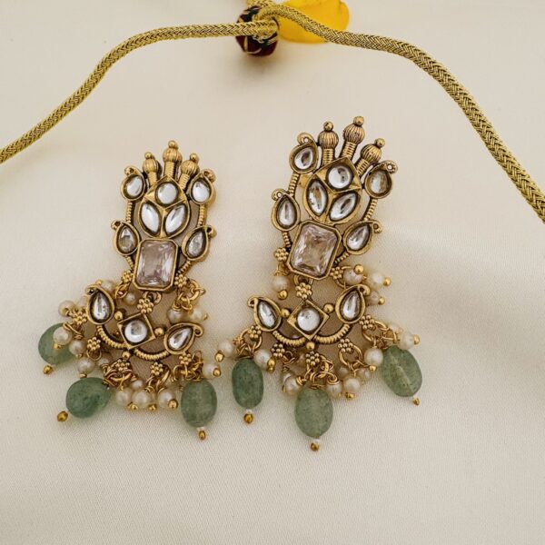 Kundan Choker Set with Mint Green Beads - White / Kempu stones - Image 5