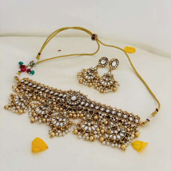 Antique Kundan Choker Set with Crescent Motifs and Pearl Drops - Image 3