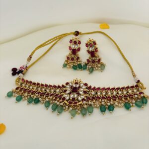 Kundan Choker Set with Mint Green Beads - White / Kempu stones