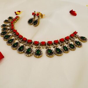 AD Ruby Emerald Drop Necklace Set