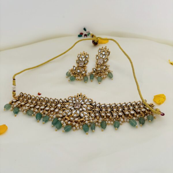 Kundan Choker Set with Mint Green Beads - White / Kempu stones - Image 7