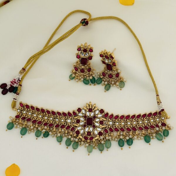Kundan Choker Set with Mint Green Beads - White / Kempu stones - Image 4