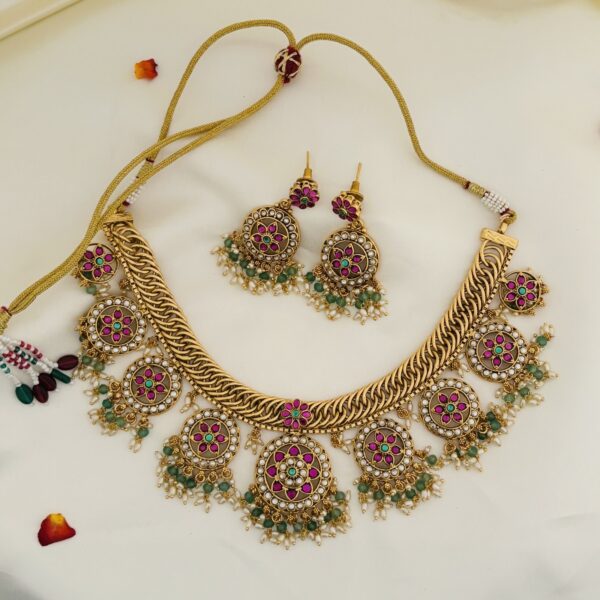 Floral Antique Jalebi Necklace with Green Drops & Earrings - Image 3