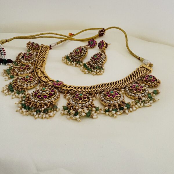 Floral Antique Jalebi Necklace with Green Drops & Earrings - Image 4