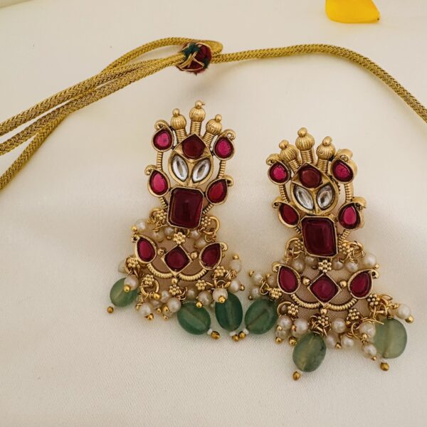 Kundan Choker Set with Mint Green Beads - White / Kempu stones - Image 3