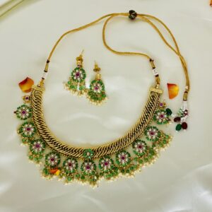 Floral Gutta Pusalu Choker Set – Emerald Green