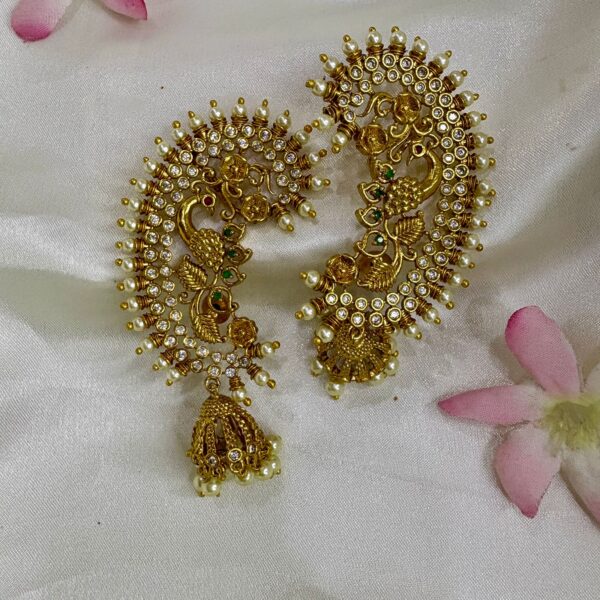 Golden Peacock Pearl CZ Earcuff Jhumkas - Image 2