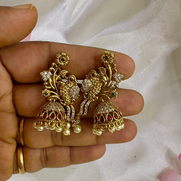 Parrot CZ & Ruby Jhumkas - Image 2
