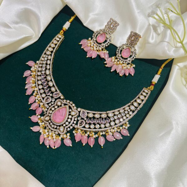 Pink Stone & Moissanite Bridal Necklace Set - Image 2
