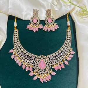 Pink Stone & Moissanite Bridal Necklace Set