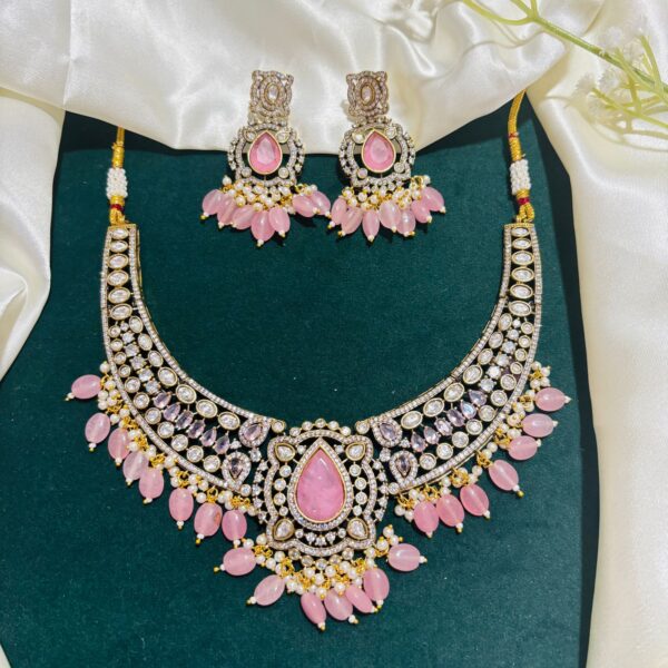Pink Stone & Moissanite Bridal Necklace Set
