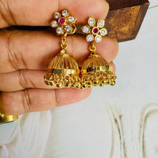 Floral AD Stone Jhumkas - Image 2