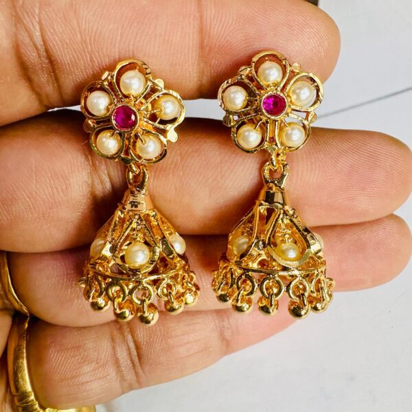 Pearl Floral Jhumkas - Image 3