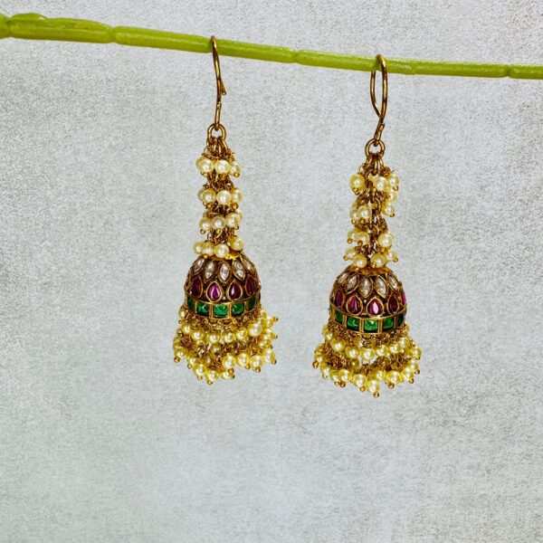 Kundan Pearl Cluster Jhumkas - Image 2