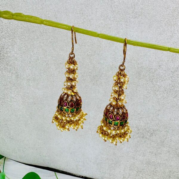 Kundan Pearl Cluster Jhumkas - Image 3