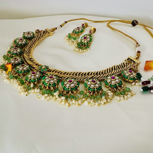 Floral Gutta Pusalu Choker Set – Emerald Green - Image 3
