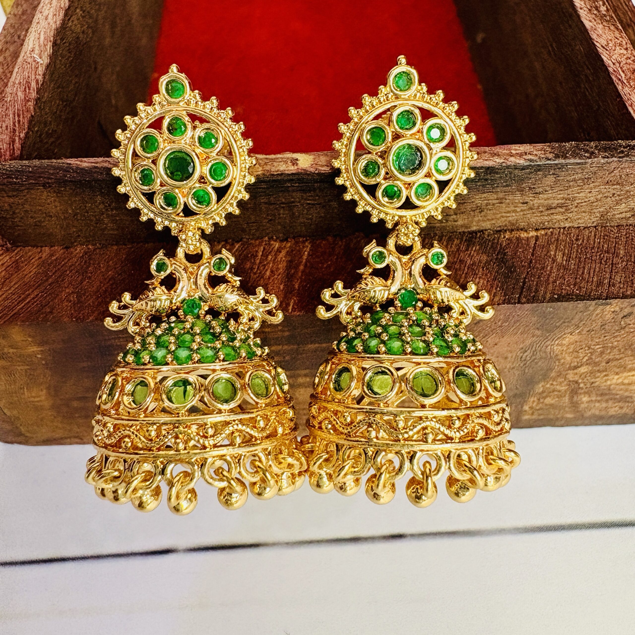 Temple Bird Green & Red Stone Jhumka Earrings