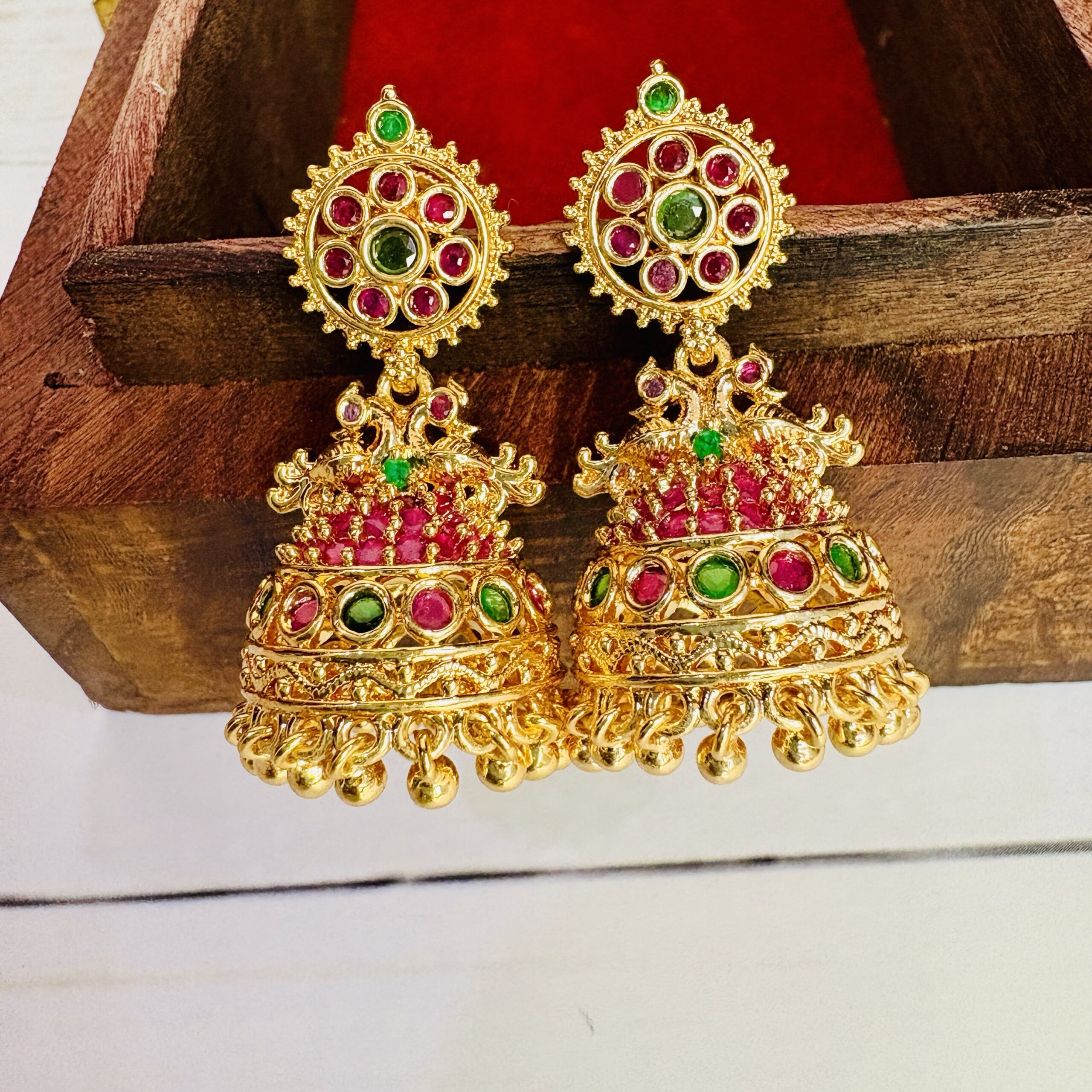 Temple Bird Green & Red Stone Jhumka Earrings - Image 2